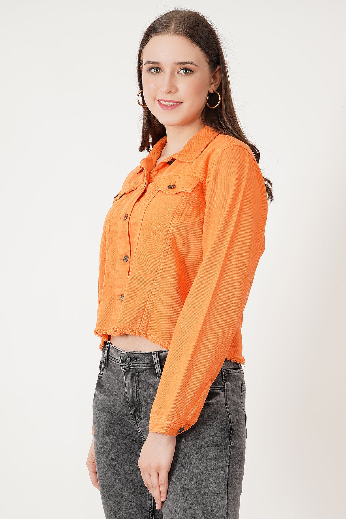 Women Orange Fringed Denim Jacket