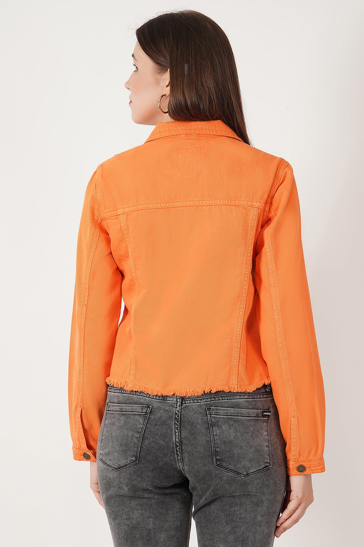 Women Orange Fringed Denim Jacket