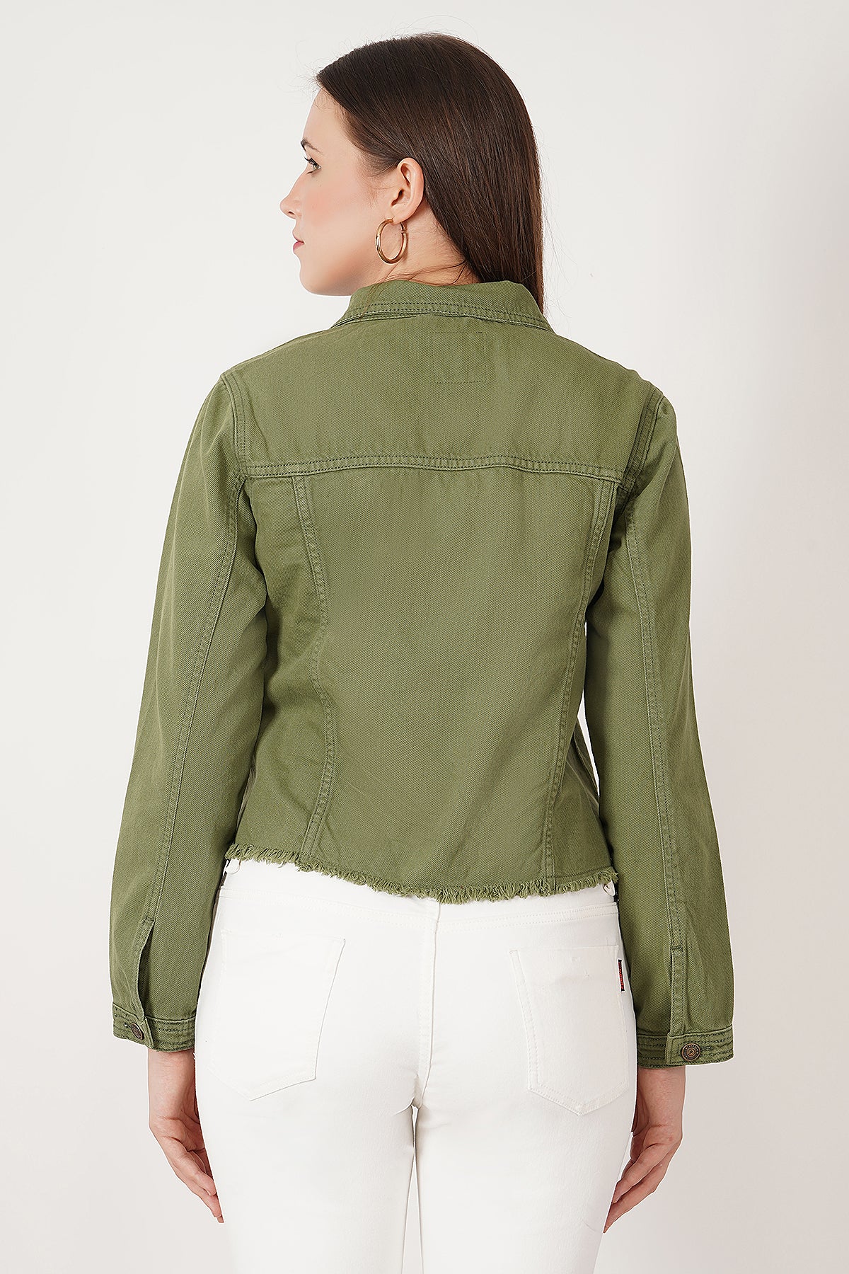 Women Olive Fringed Denim Jacket