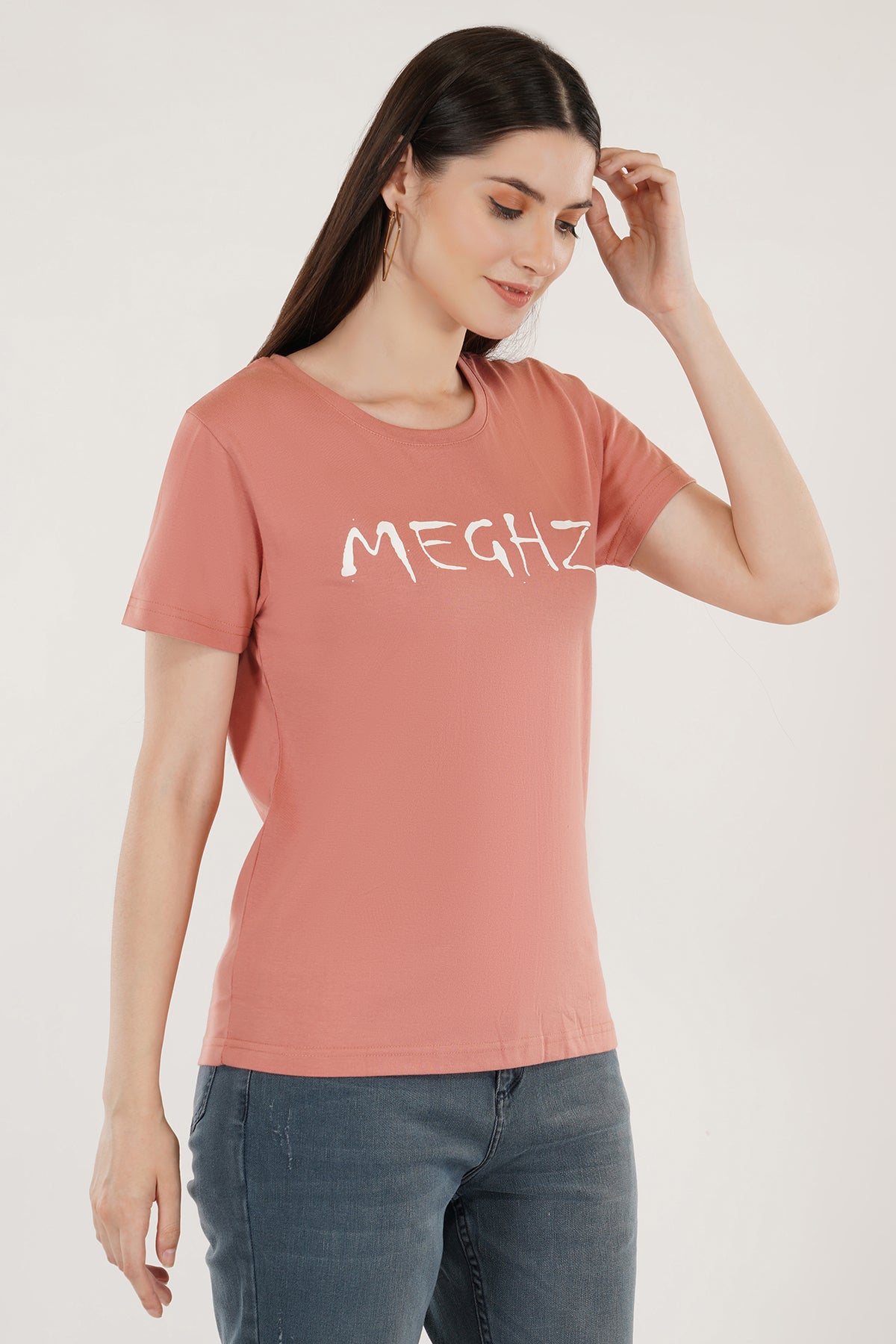 Women Round Neck Salmon Pink T-Shirt