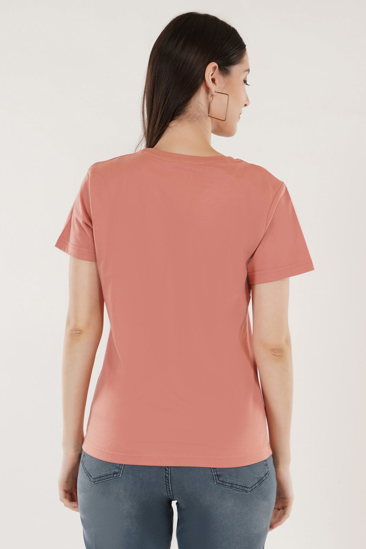 Women Round Neck Salmon Pink T-Shirt