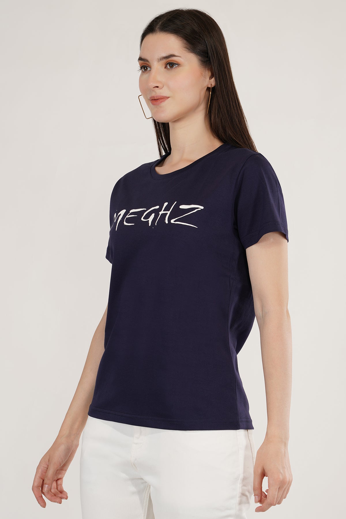 Women Round Neck Navy Blue T-Shirt