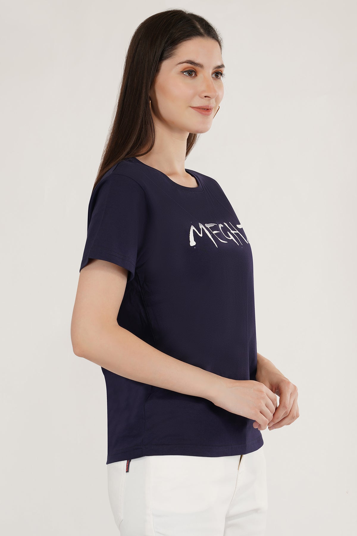 Women Round Neck Navy Blue T-Shirt