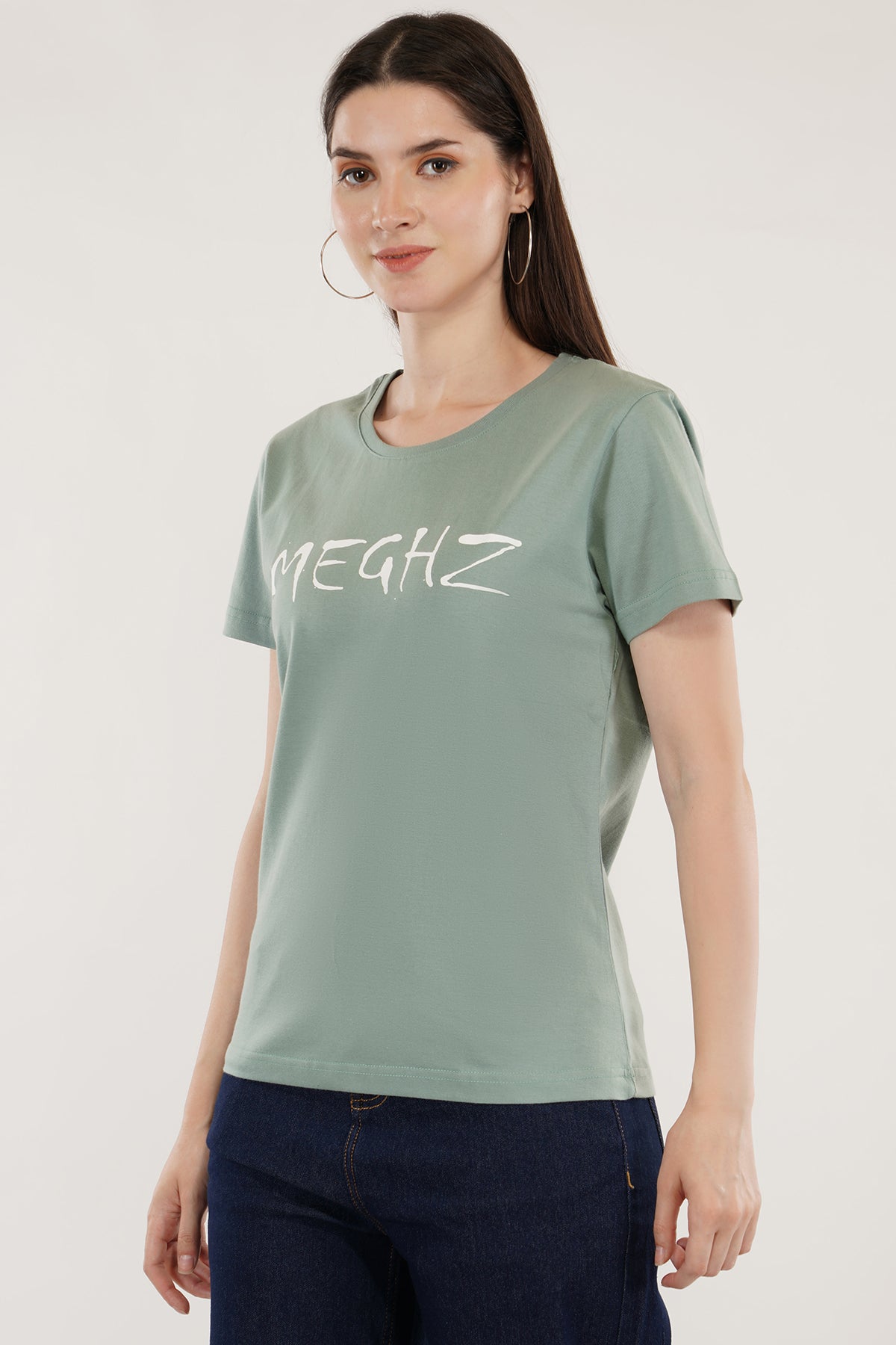 Women Round Neck Sage Green T-Shirt