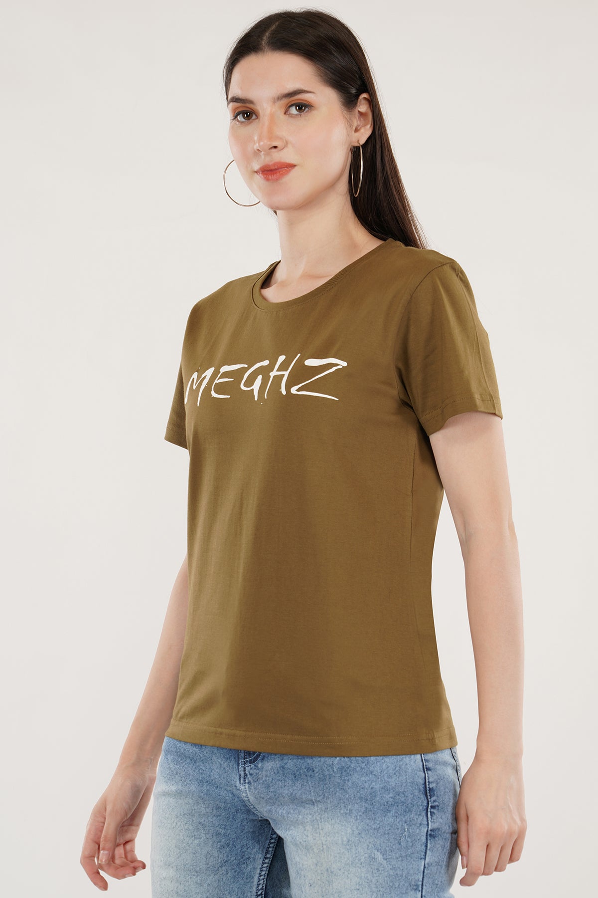 Women Round Neck Olive Green T-Shirt