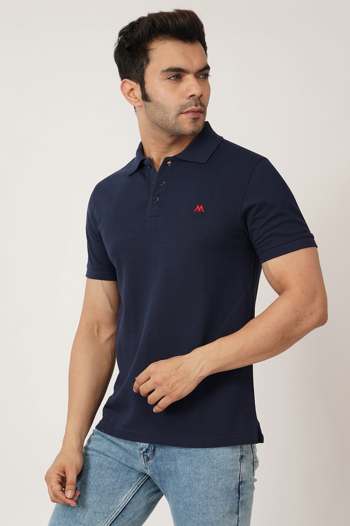 Solid Men Polo Neck Navy Blue T-Shirt