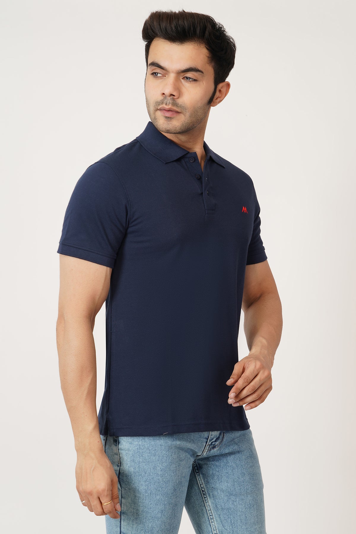 Solid Men Polo Neck Navy Blue T-Shirt