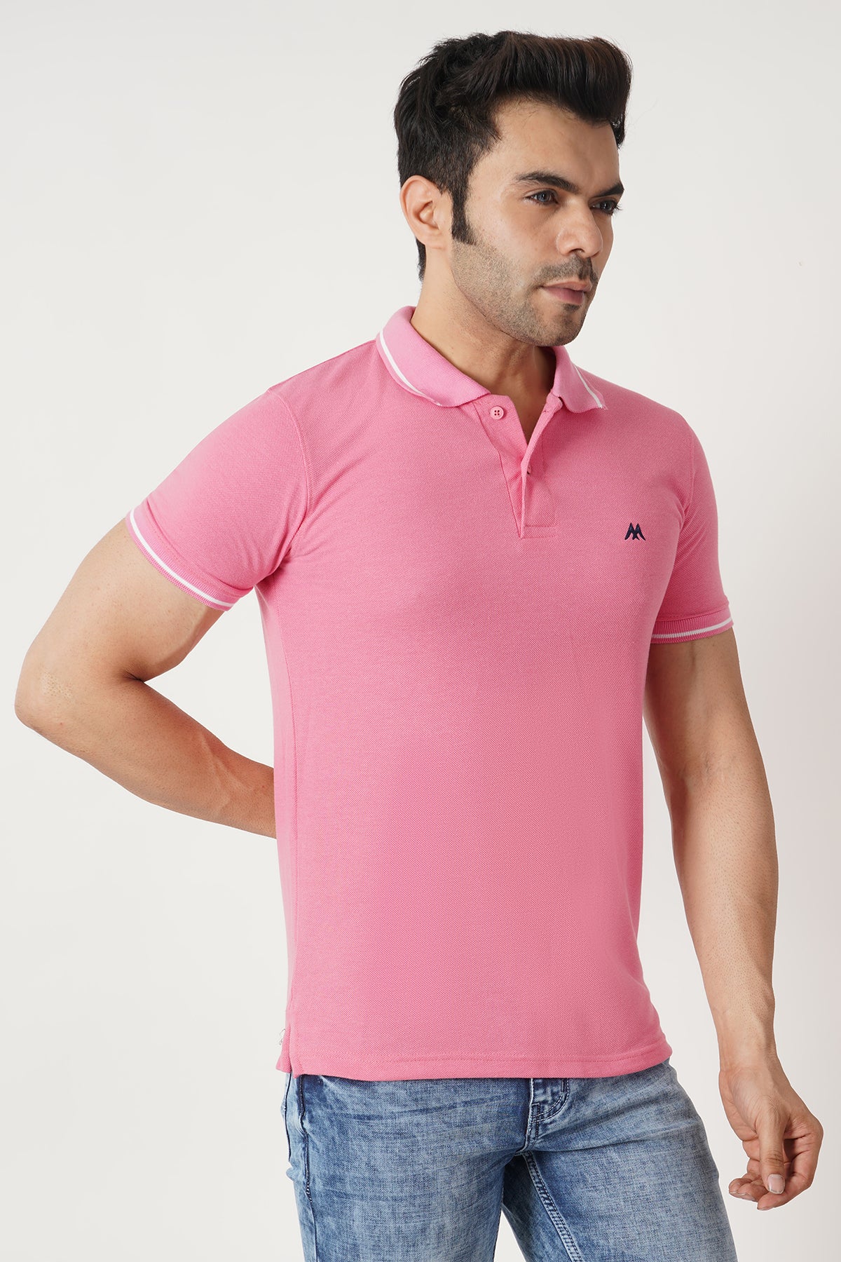 Solid Men Polo Neck Light Pink T-Shirt